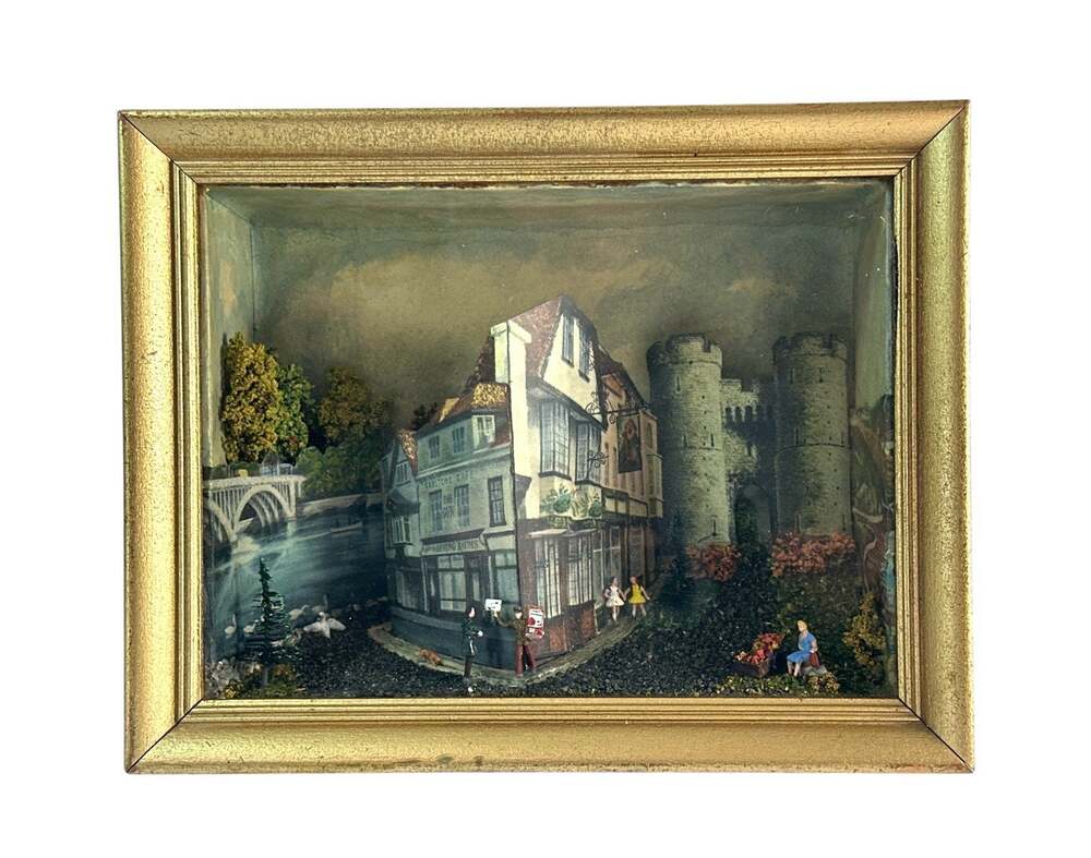 Vintage 3D Shadow Box Diorama English Village Castle Street Scene Gold Frame